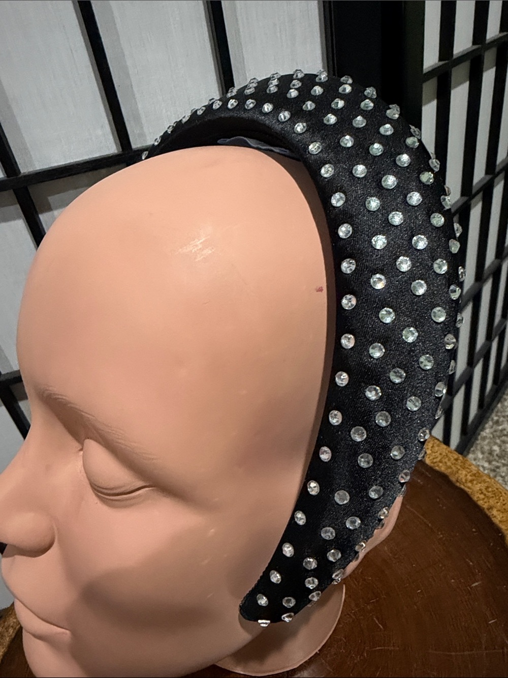 Hill House Black Satin Padded Headband with Clear Crystal Studs EUC